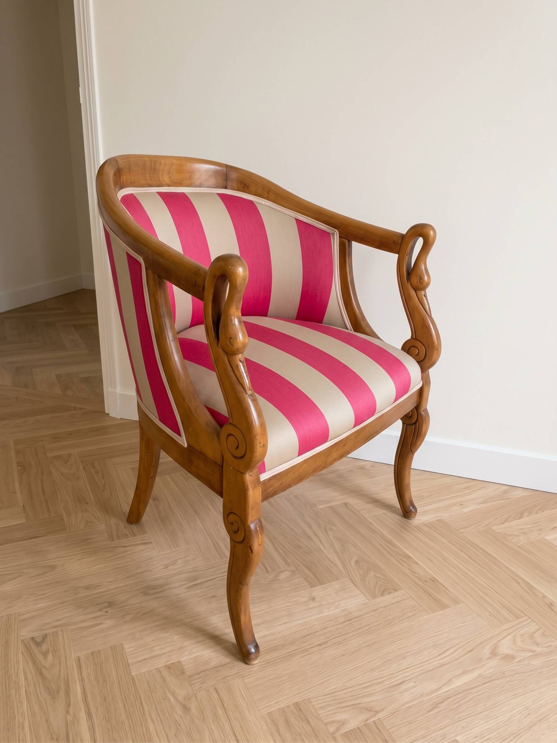 Pair of gondola armchairs with swan neck in Louis XV style, striped pink fabric.