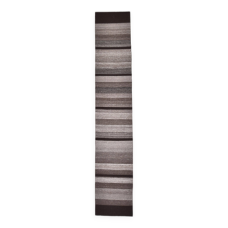 Tapis kilim turc en laine marron foncé beige 418x65 cm, tapis de couloir