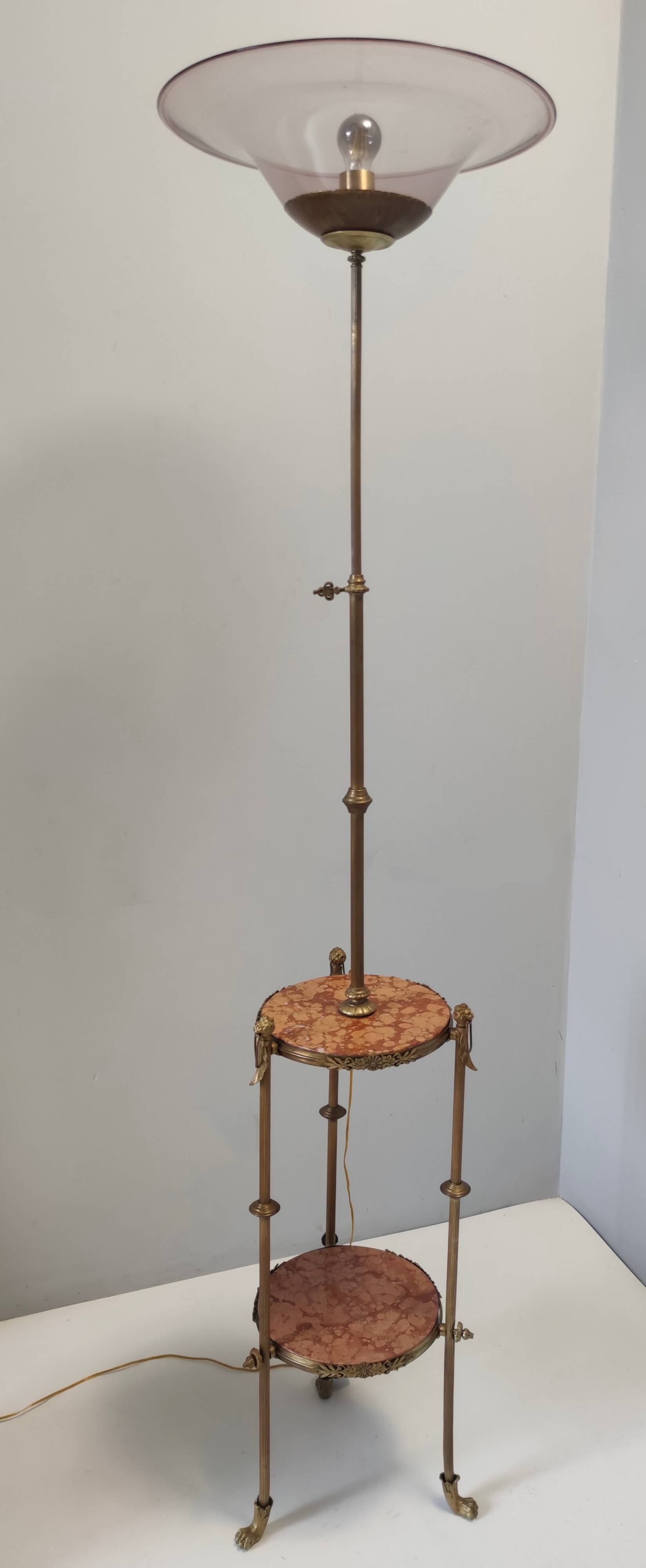 Brass Telescopic Floor Lamp with Red Travertine Marble Tops, Italy