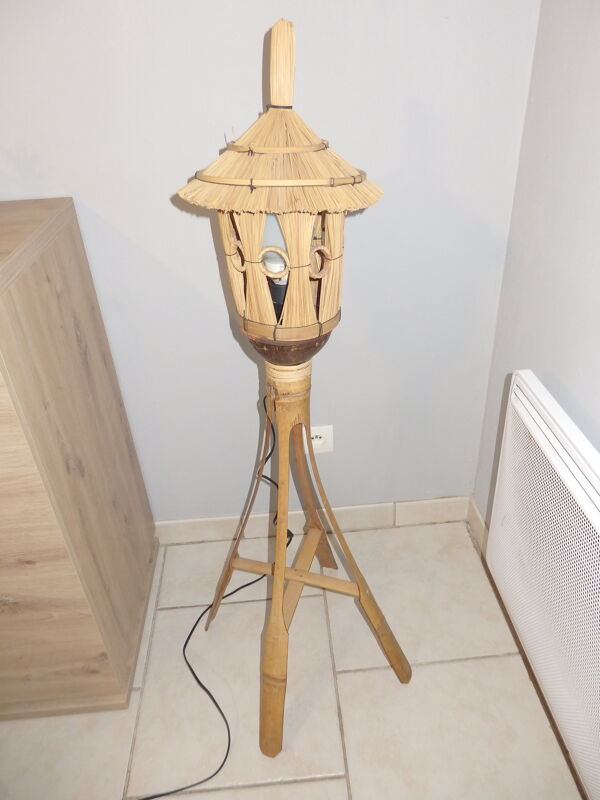 Lampadaire en rotin et bambou vintage