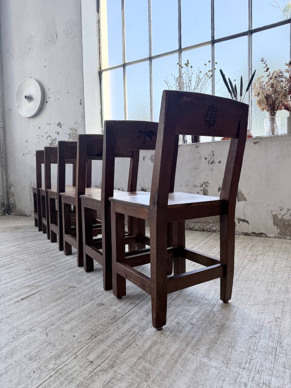Set of 4 Savoyard pine folk art chairs from the 1950s.