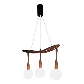 3-lamp suspension Rispal teak and opalines - 1950