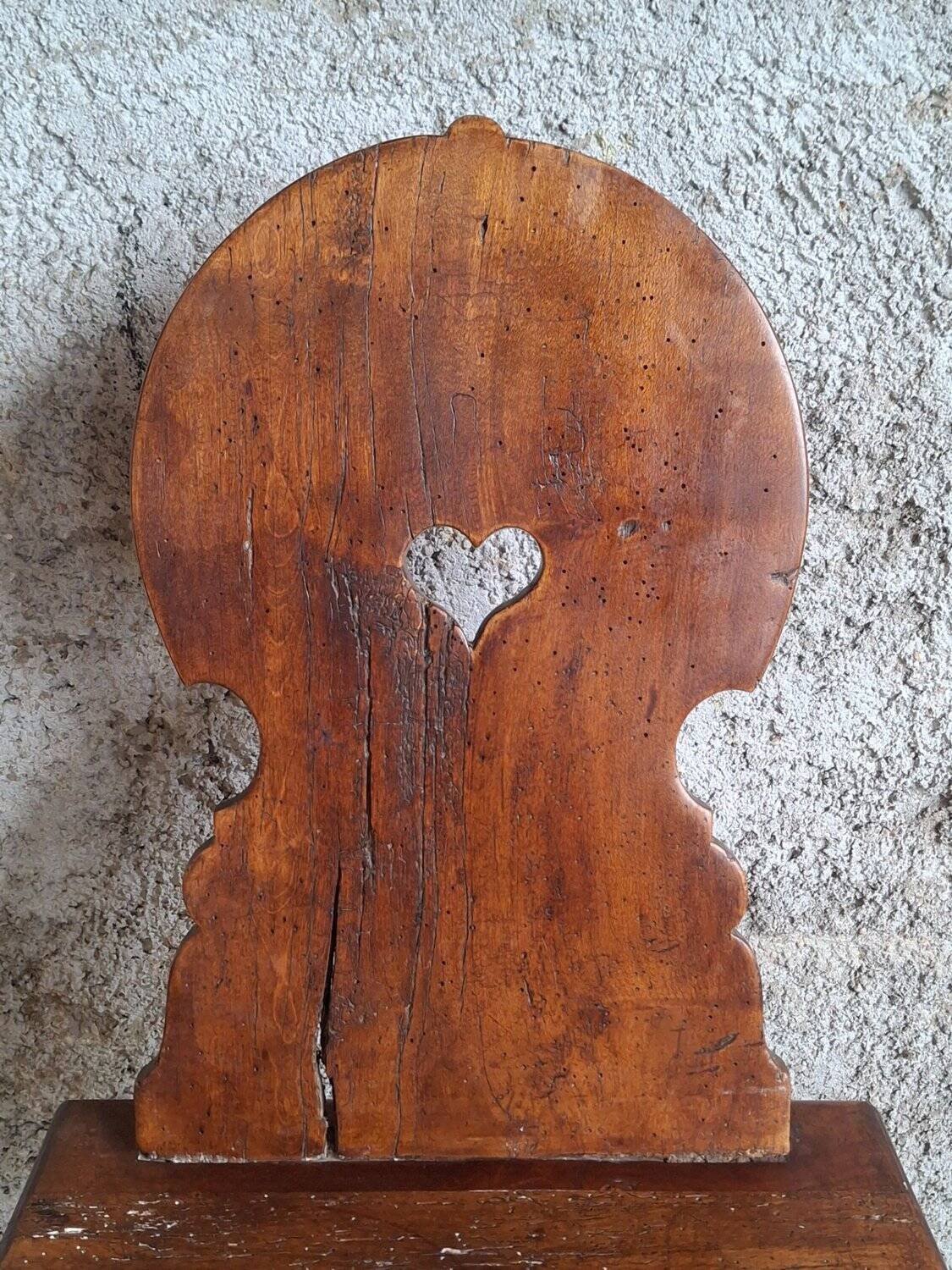 Old Alpine peasant chair from the 18th century – Heart-shaped cut-out violin backrest