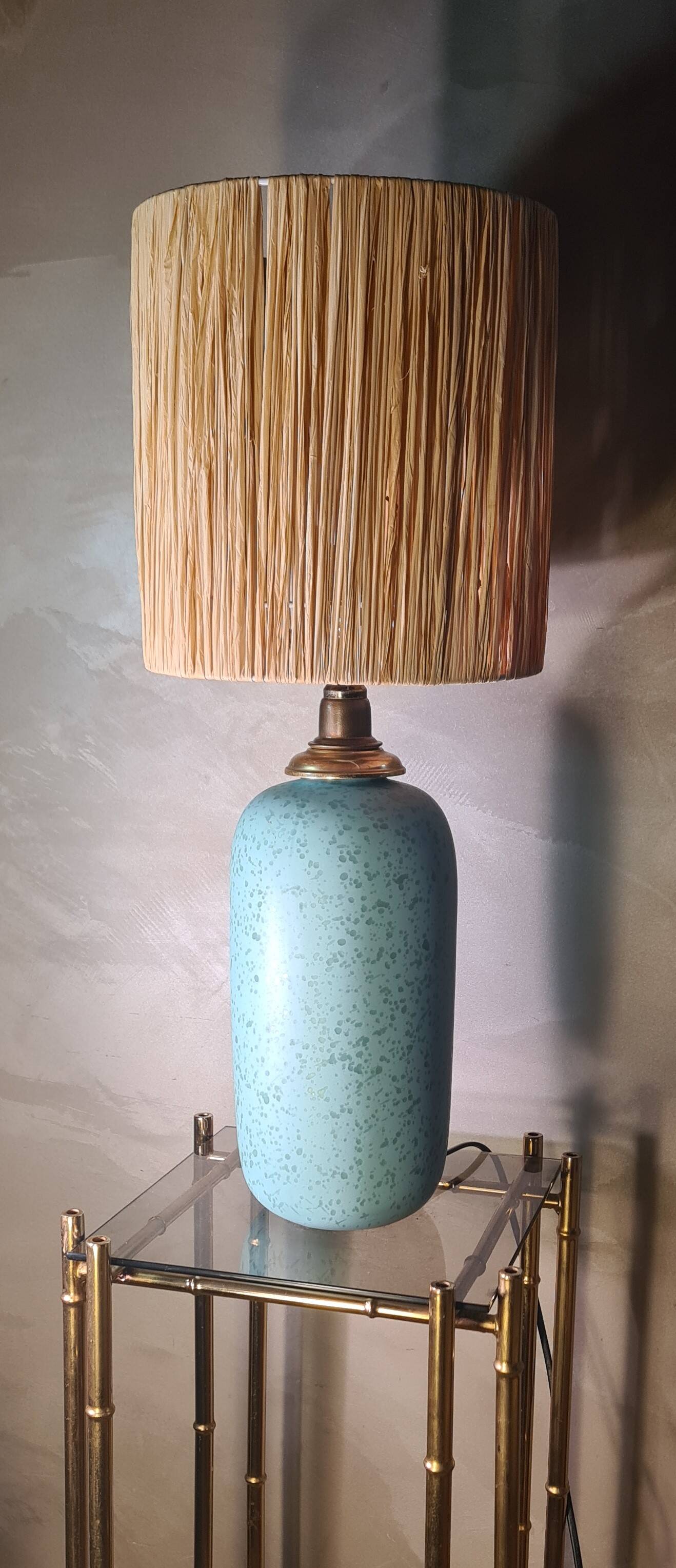 70s style lamp blue green ceramic 40x13 and raffia lampshade H total 57x23 elec ok