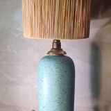 lampe style 70s ceramique bleu vert 40x13 et abat jour  en rafia  H total 57x23  elec ok