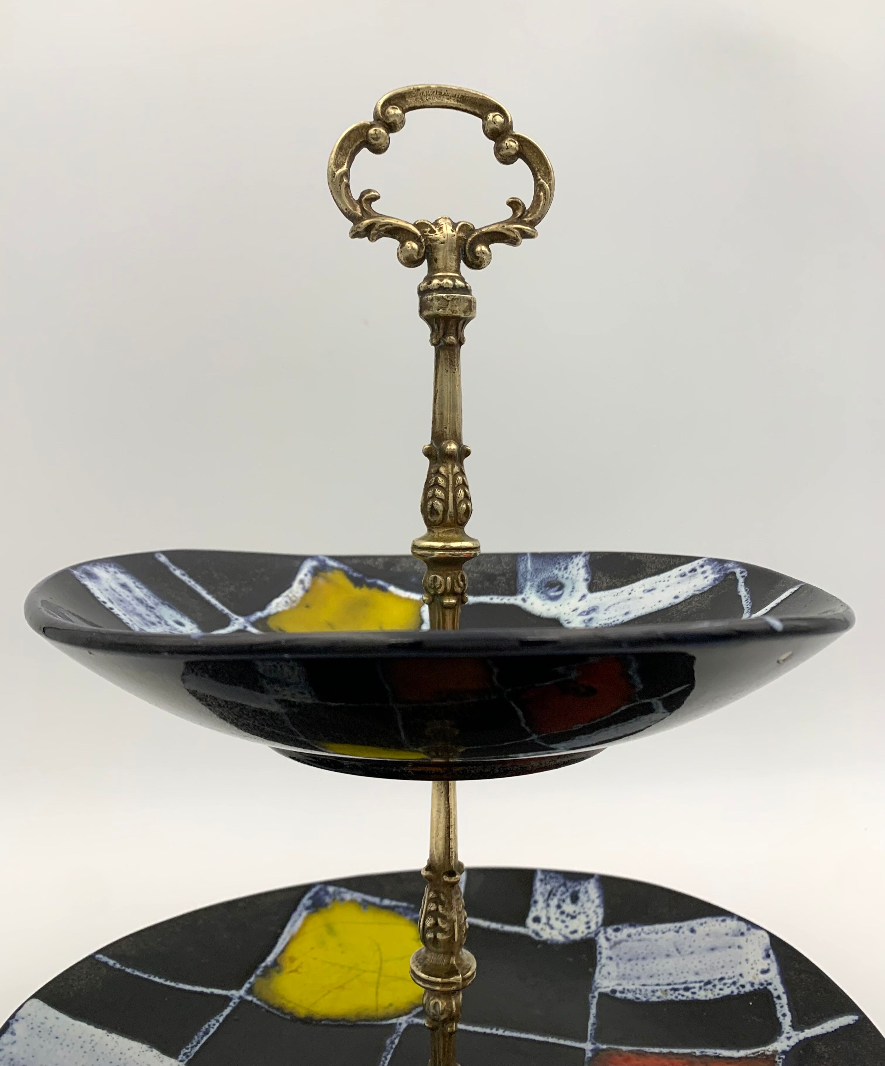 Vintage ceramic and brass cake display 1950s