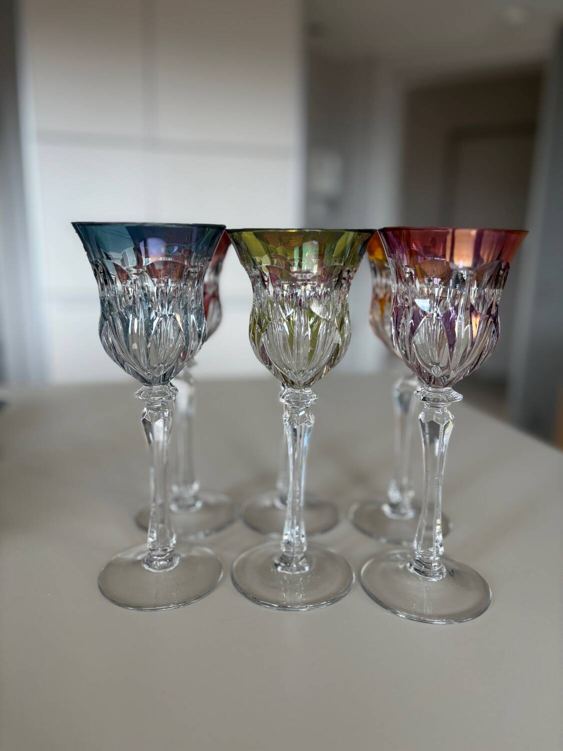 Set of 6 cut crystal liqueur glasses in colour – Bohemian style