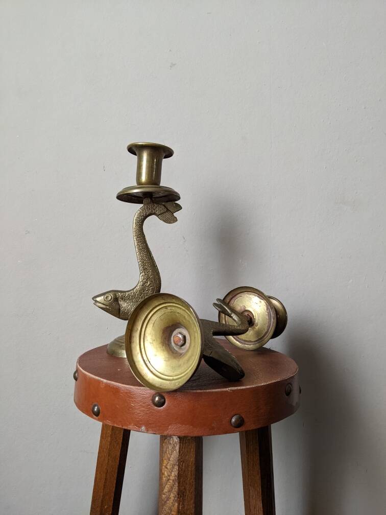 Pair of brass fish candlesticks, country decor