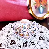 Handcrafted enameled ceramic candle holder signed vintage Rouen style decor