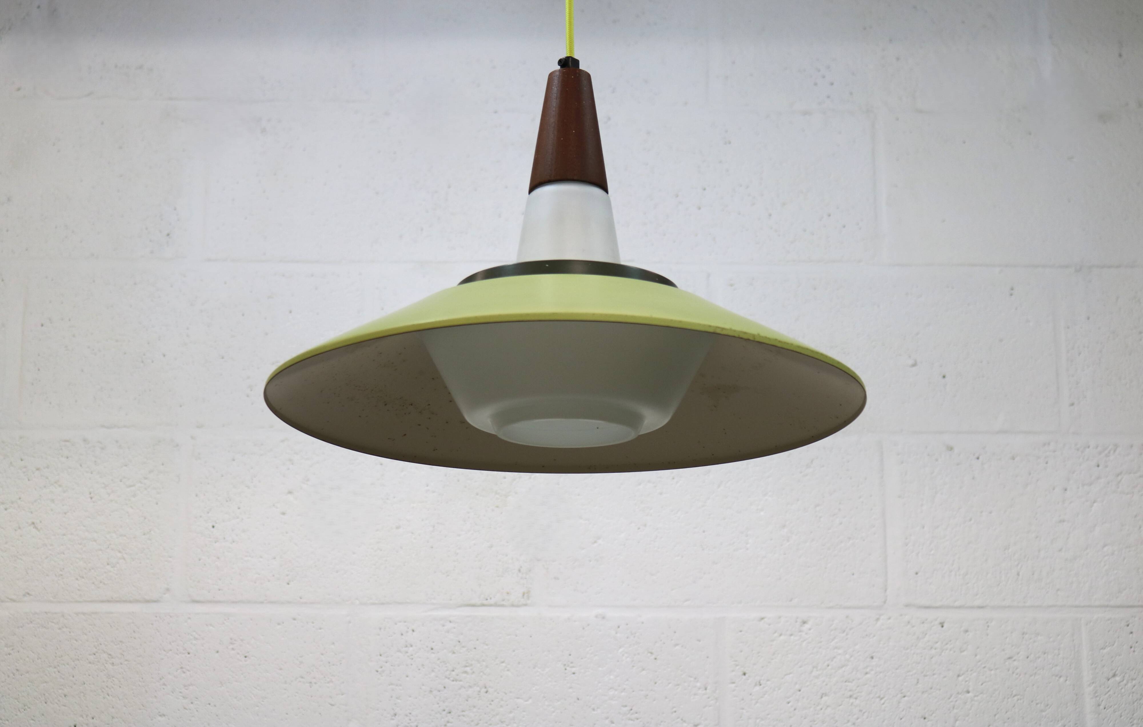 Opal glass and green aluminium shade vintage lamp by Voss Belysning - Denmark