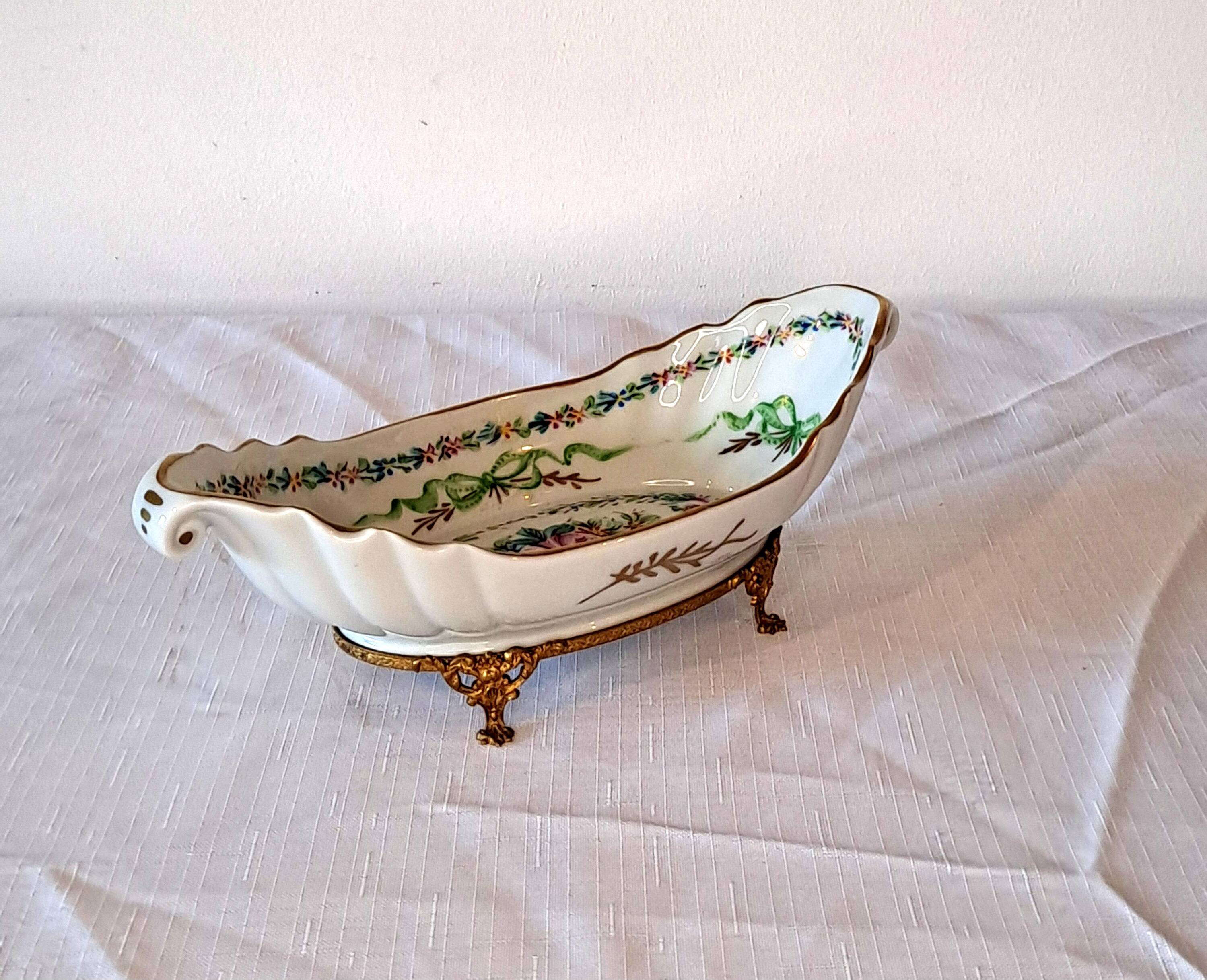 Antique Limoges bowl – painted porcelain & gilded bronze, Louis XV style