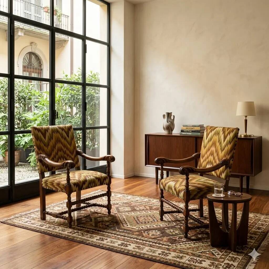 Pair of antique Baroque armchairs in beech, lime and fabric, 18th century.