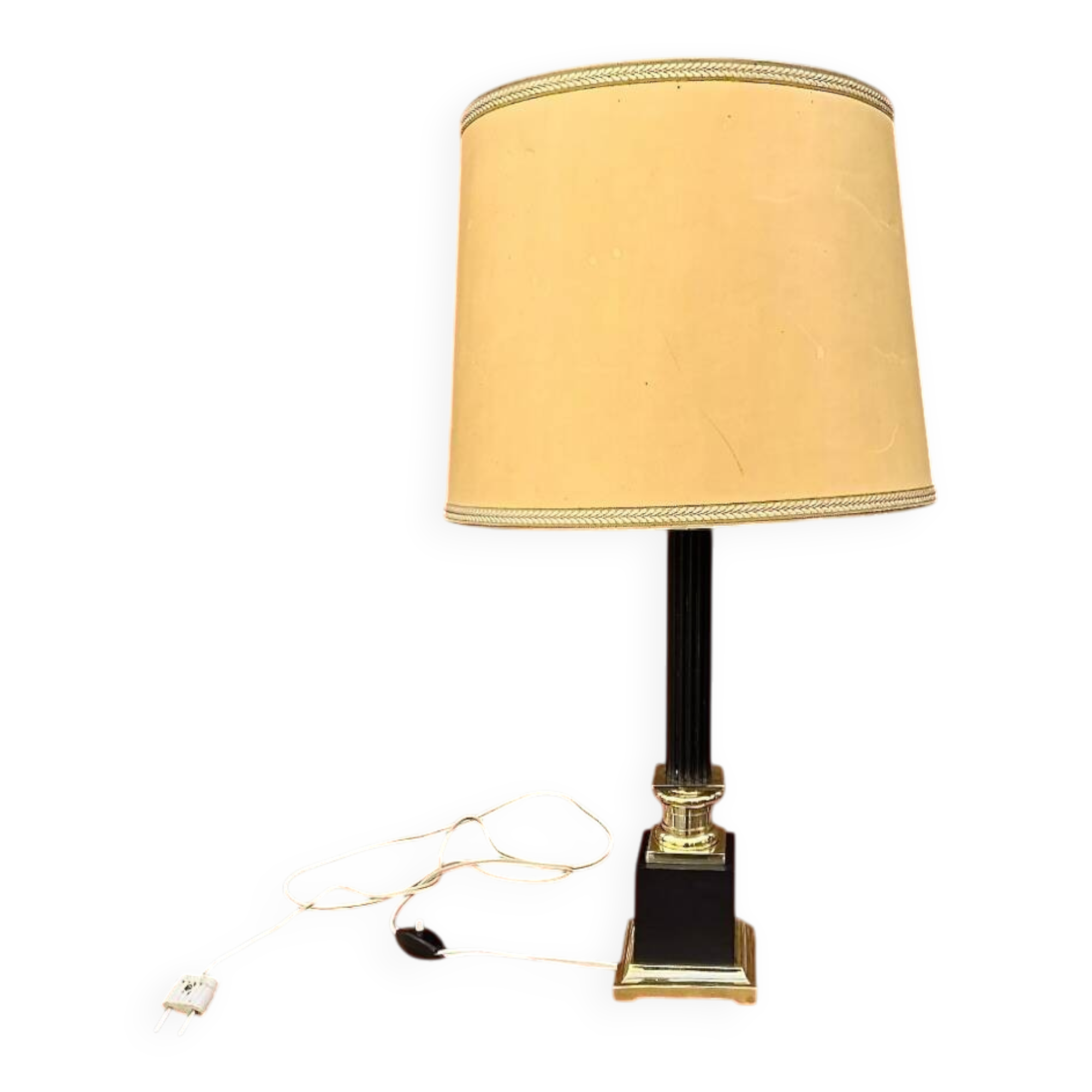 Ancienne lampe colonne néoclassique en laiton doré et noir et papier