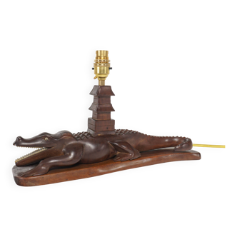 Vintage 1950s Carved Wooden Mahogany Crocodile Table Lamp