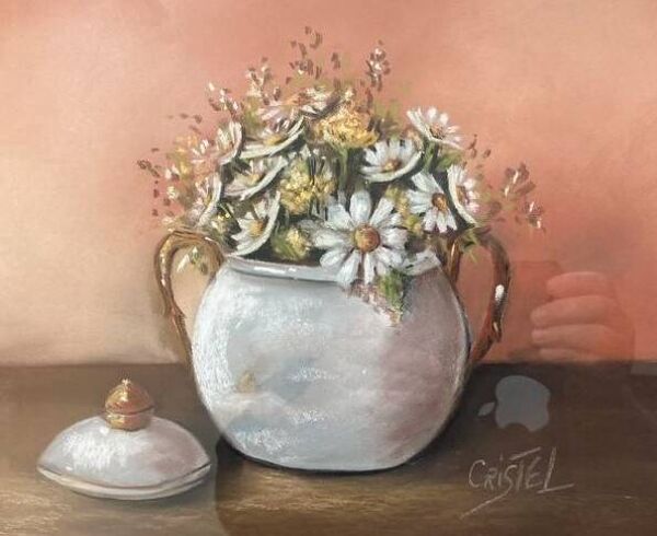 Tableau peinture bouquet de fleurs cadre en bois doré