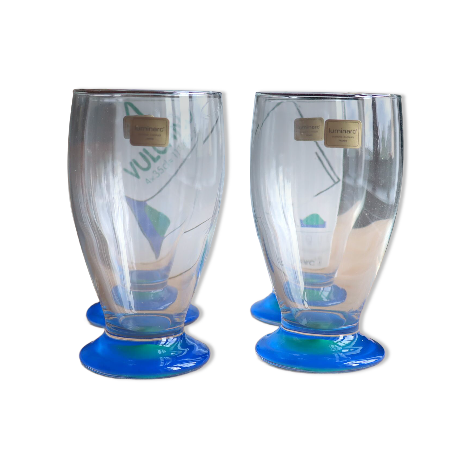 Set of 4 vintage blue and green Vulcano glasses in box – Luminarc France