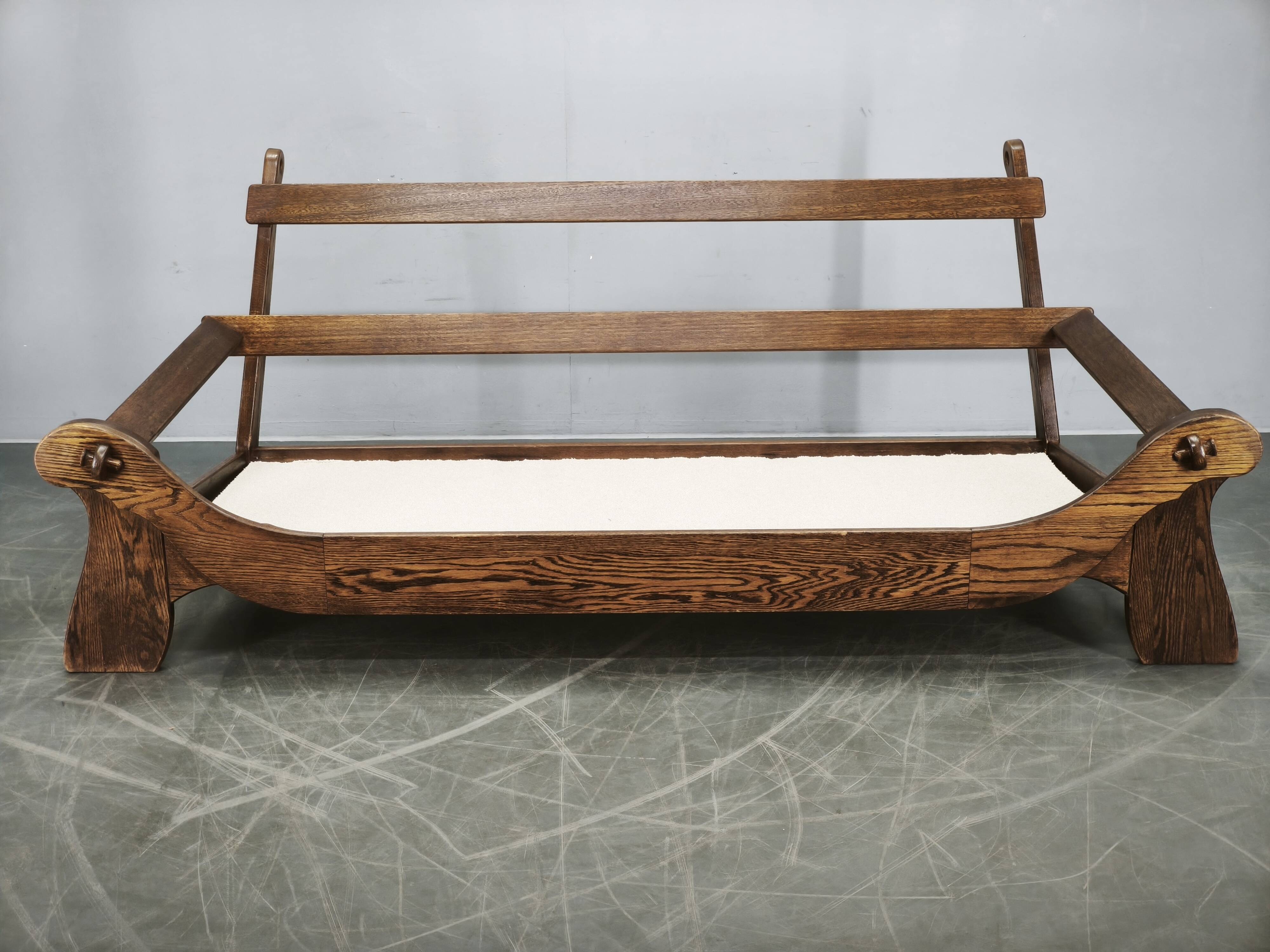 Brutalist Solid Oak and Bouclé Three-Seat Sofa, Czechoslovakia 1970s