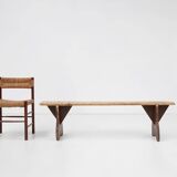 Rustic wooden bench in with brown painted feet, France ca. 1890