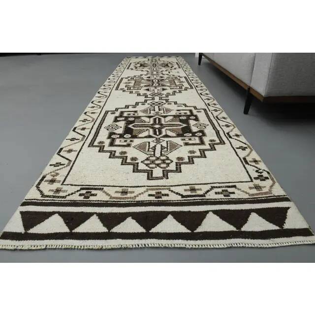 1970s Vintage Turkish Handmade Wool & Cotton Beige Runner Rug 96x361