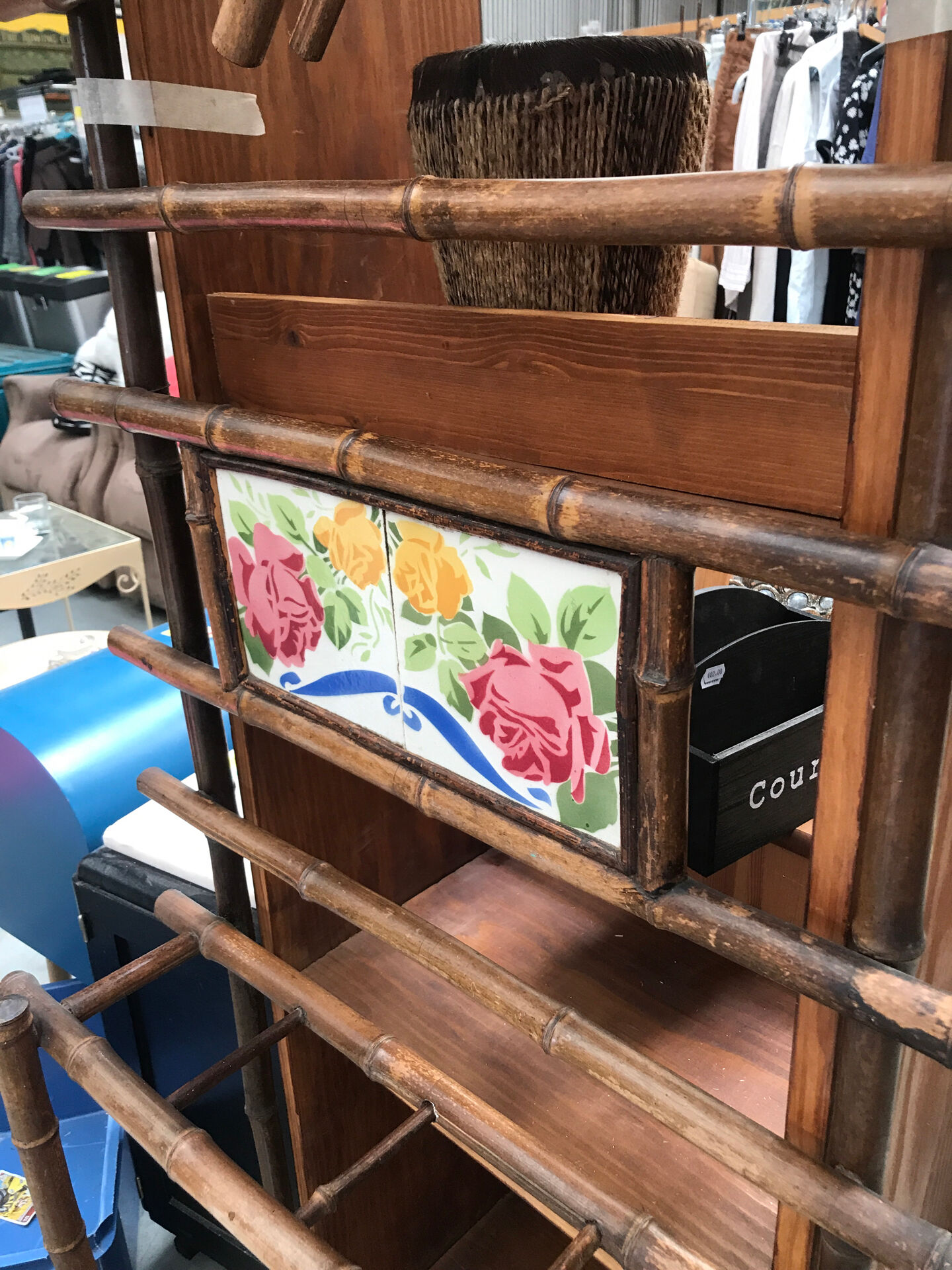 Bamboo coat rack and 1950s mirror