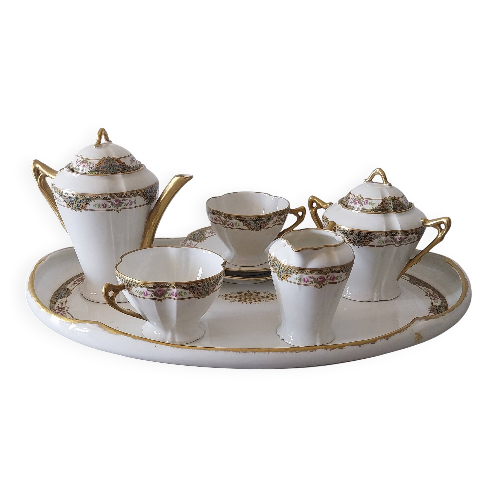 Coffee and tea service for two with its tray in Limoges porcelain.