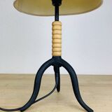 Wrought iron and wood tripod lamp