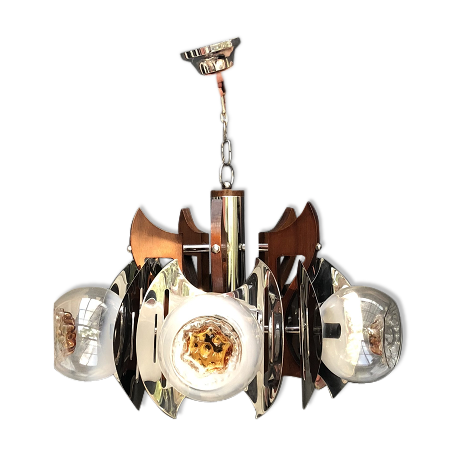Lustre Mazzega en bois chrome et verre de Murano | Selency