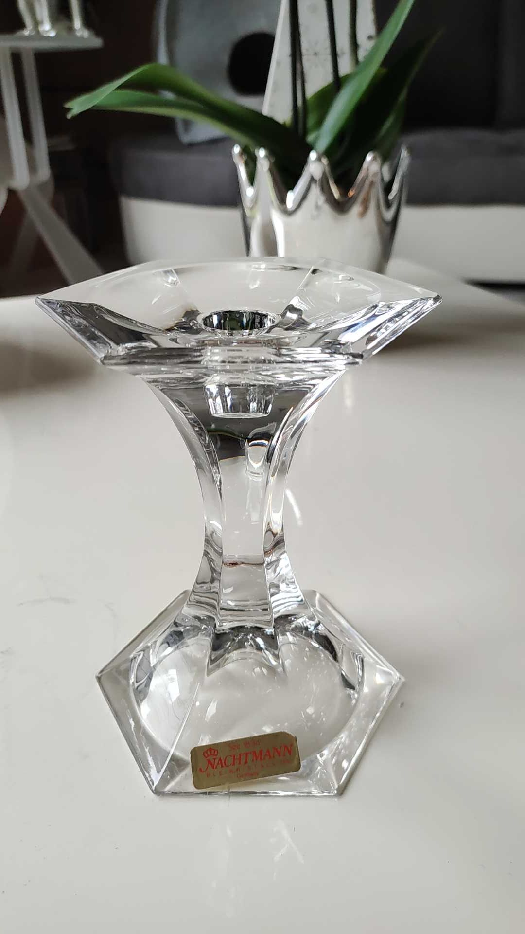 Torch candle holder in finely cut hexagonal crystal labeled Nachtmann