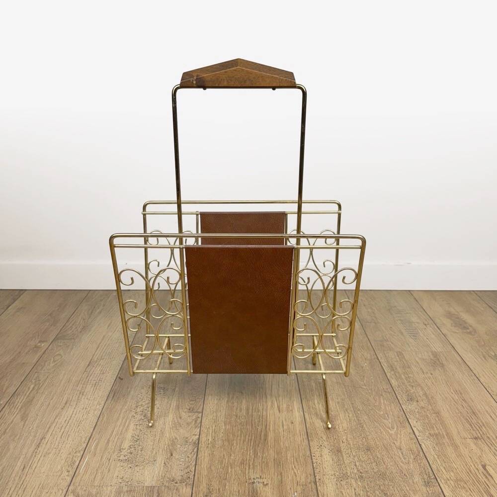 1960s faux leather and brass magazine rack