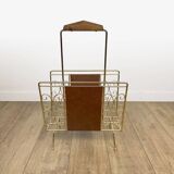 1960s faux leather and brass magazine rack