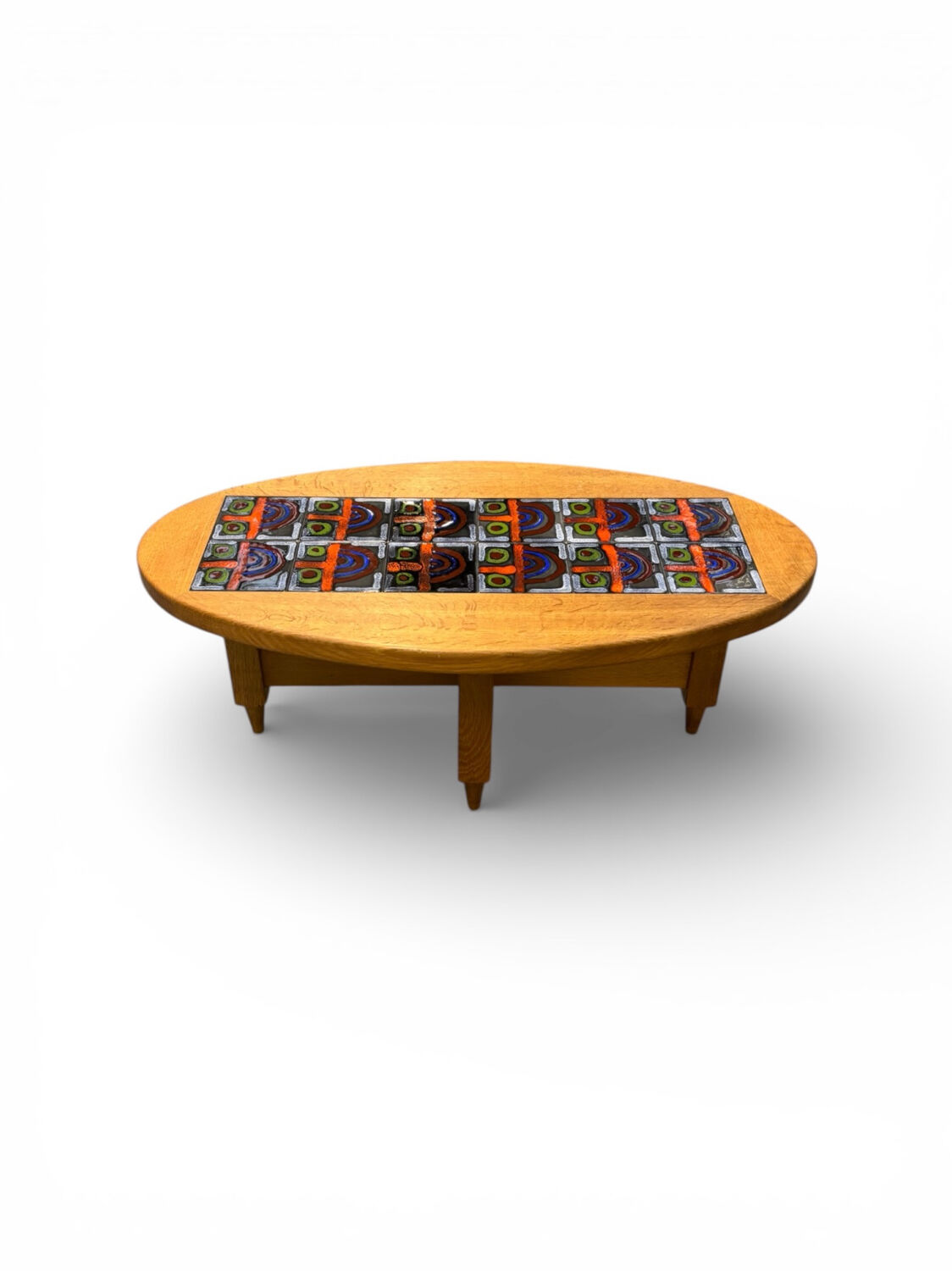 Oval coffee table in oak and ceramic by Guillerme & Chambron for