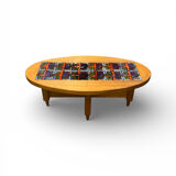 Oval coffee table in oak and ceramic by Guillerme & Chambron for
