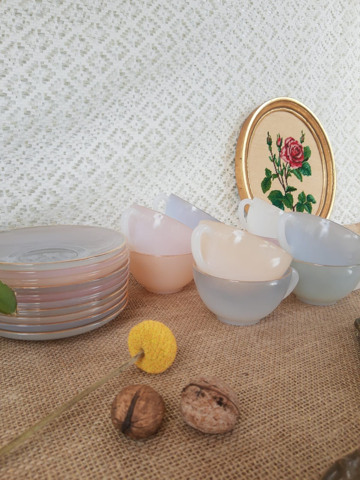 Set of 10 cups and under cups harlequin Arcopal France - vintage