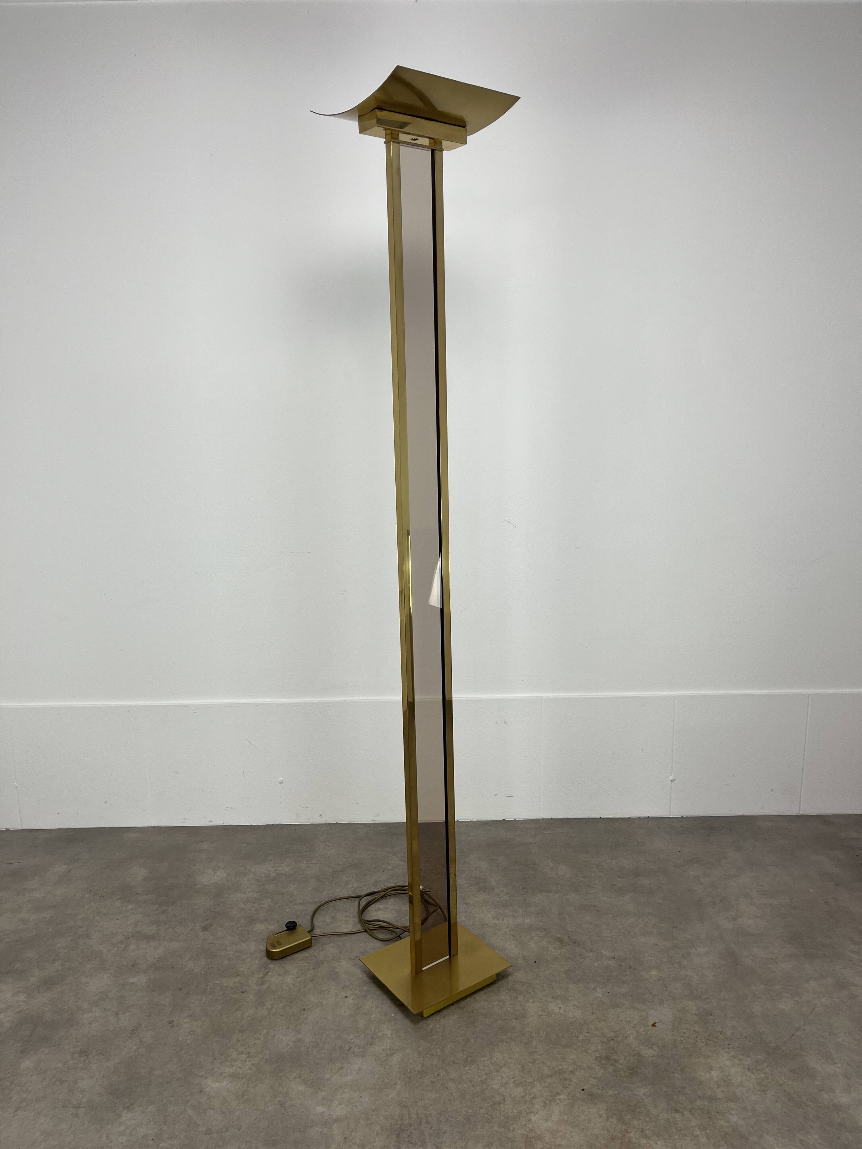 70s floor lamp in brass and smoked plexiglass, Hollywood Regency