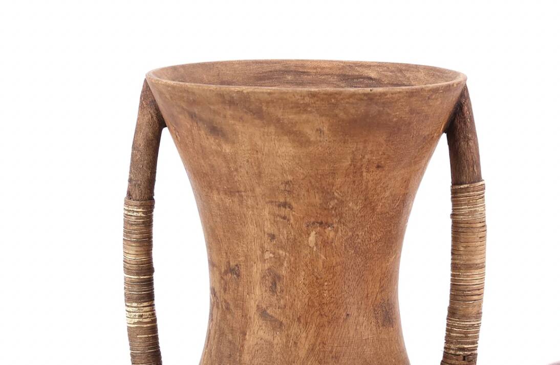 Wooden amphora vase, handles covered with wicker, 1970s.