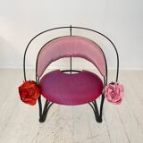 Postmodern Sculptural Armchair in Black Metal and Pink Red Silk Padding, 1980