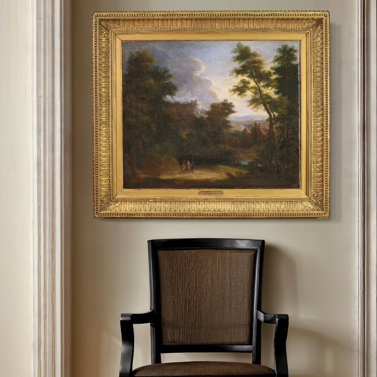 Flemish painting landscape with figures from the 17th century, the apparition of Jesus