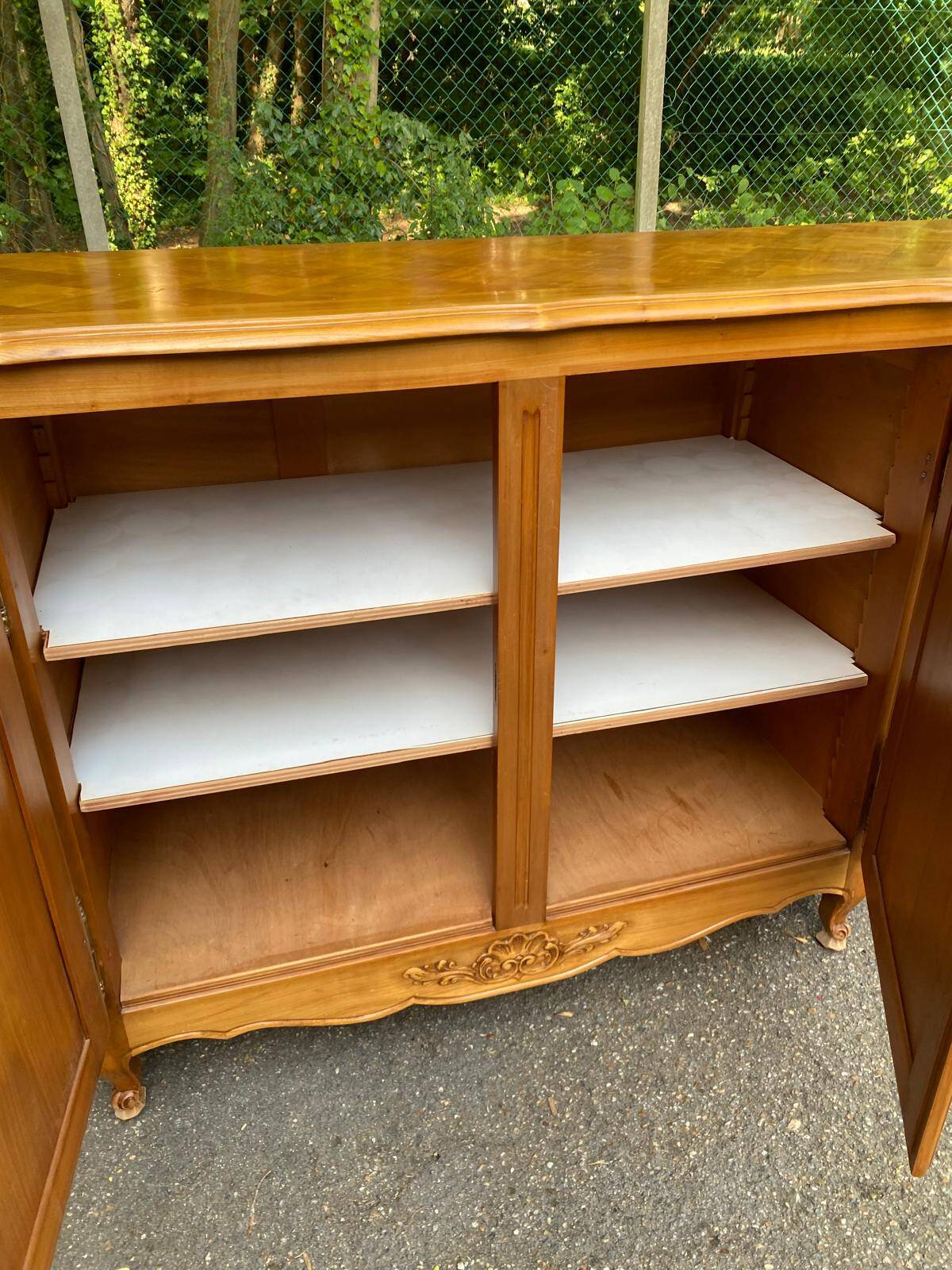 Light solid wood enfilade with Louis XV marquetry, 1950, 230cm.