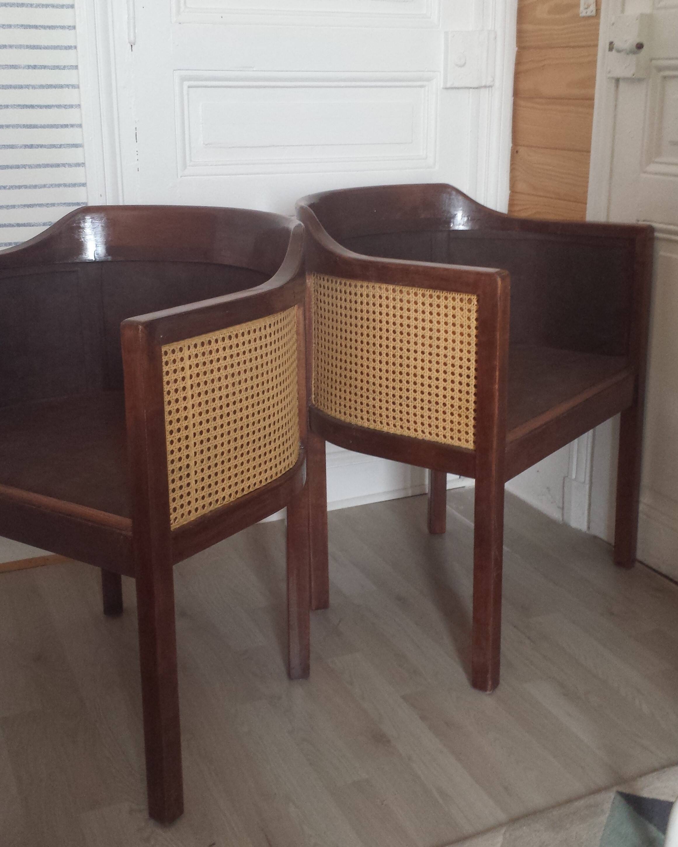 Art Deco style armchairs, wood and cane