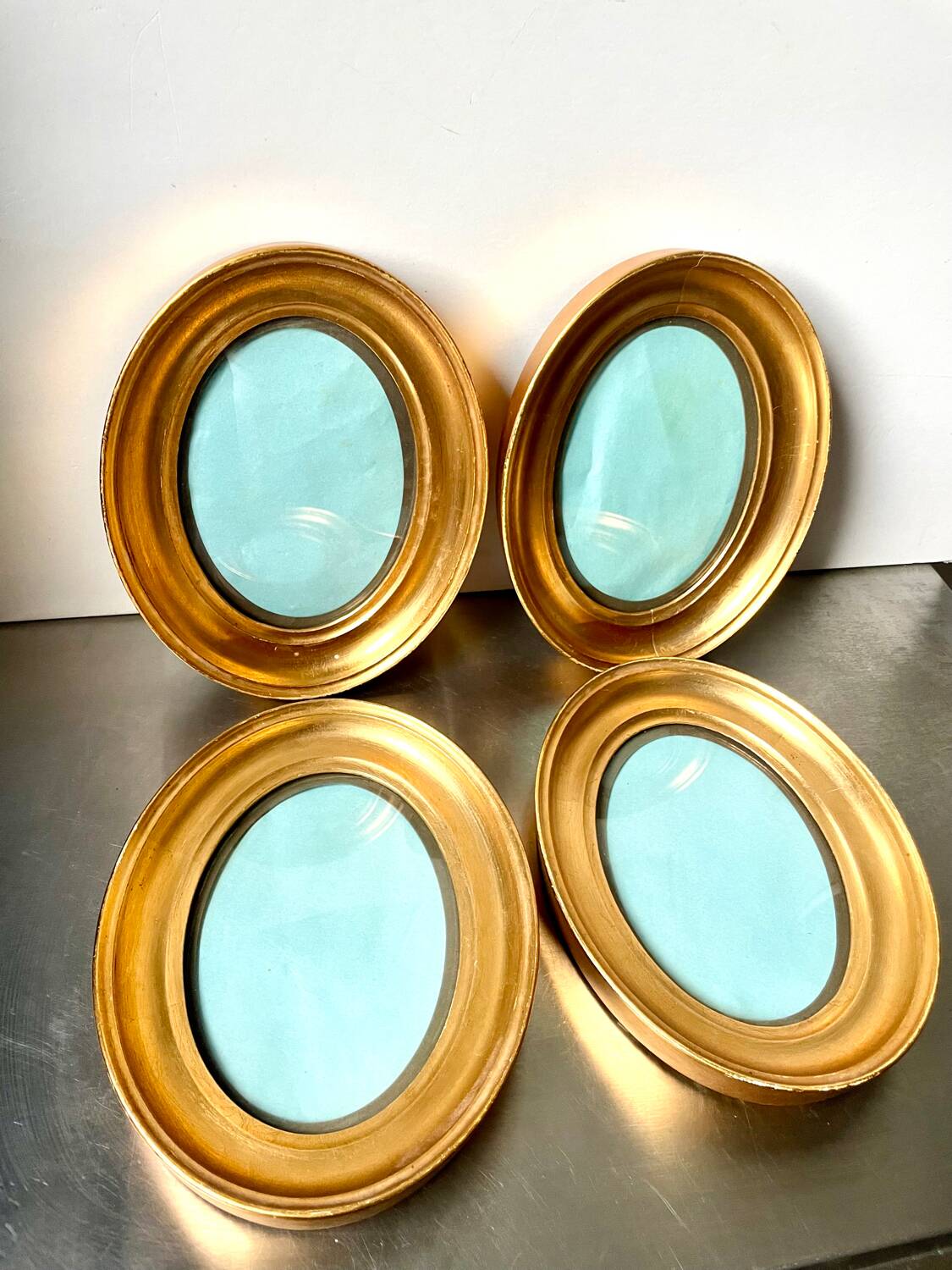 Lot of 4 Antique Oval Gilded Frames  CONVEX glass , each frame 19.5 cm x 15.5 cm