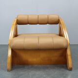 1970s Pair of Rare Oak Armchairs Upholstered in  Leatherette, Czechoslovaki