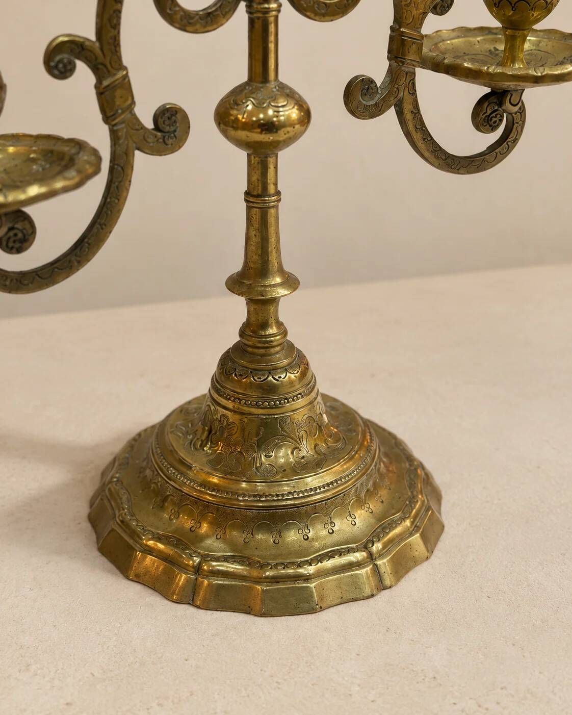 Three-light candelabrum in engraved brass — France, circa 1900