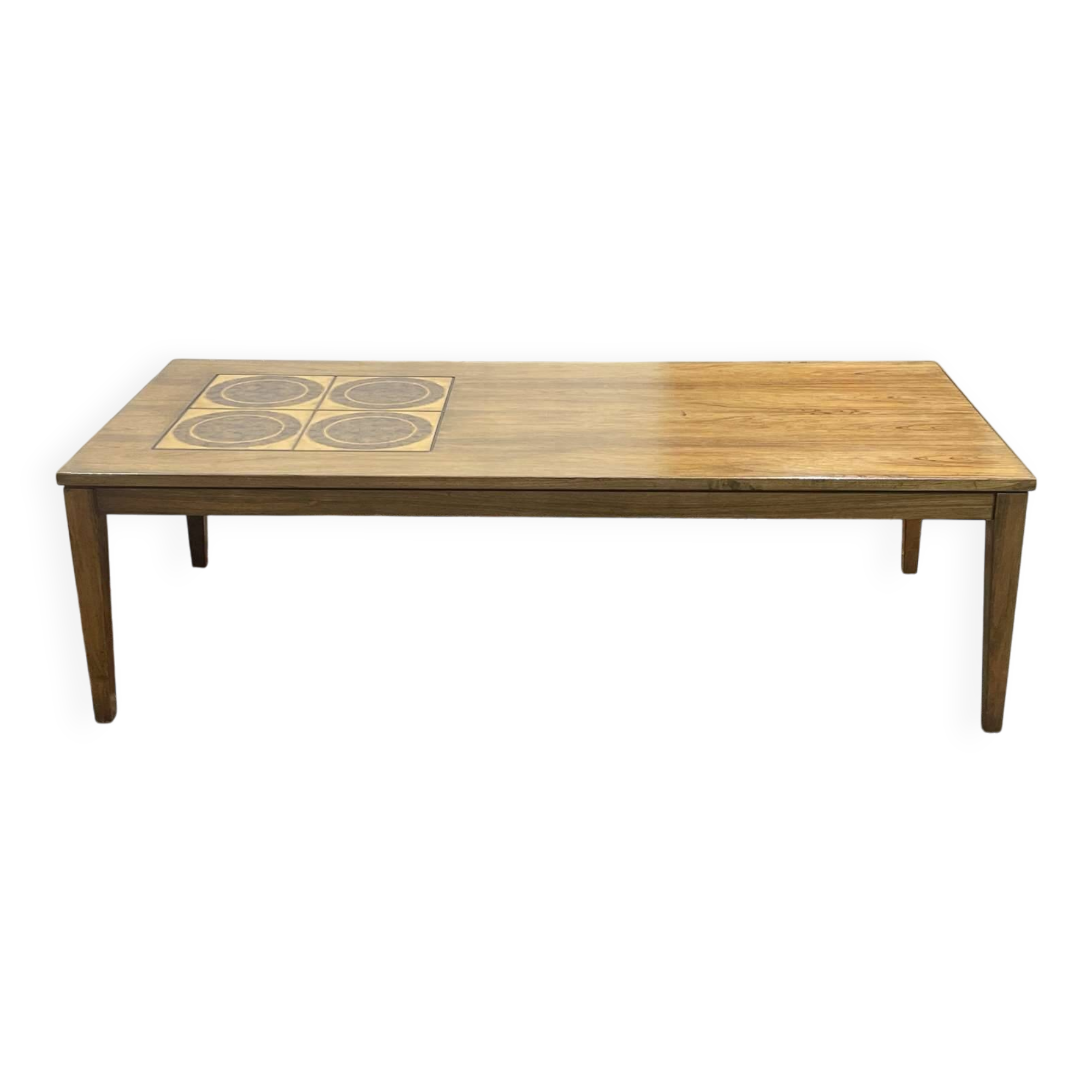 English coffee table in rosewood with tiled section from the 1970s.