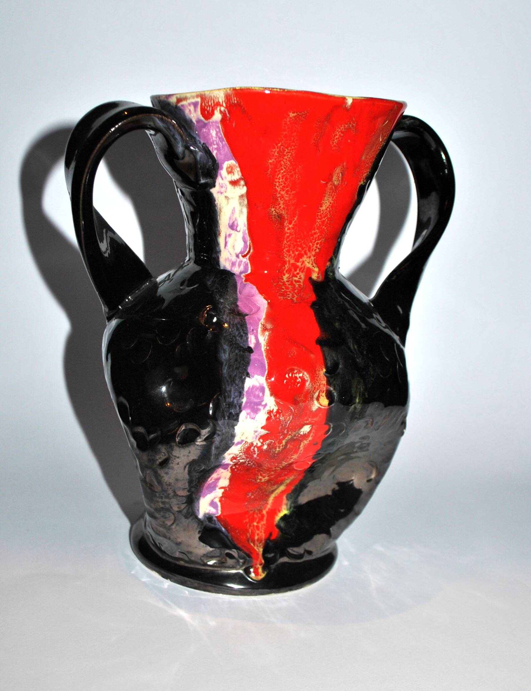 VALLAURIS ceramics Black and red enamelled vase with handle VINTAGE 1950-1960