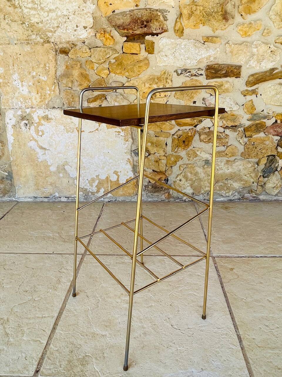 Vintage side table, 2 wooden and brass shelves, circa 1960s