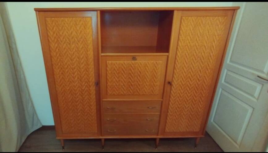 Wooden and rattan wardrobe