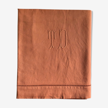 Drap ancien en lin et coton teinté en terre cuite