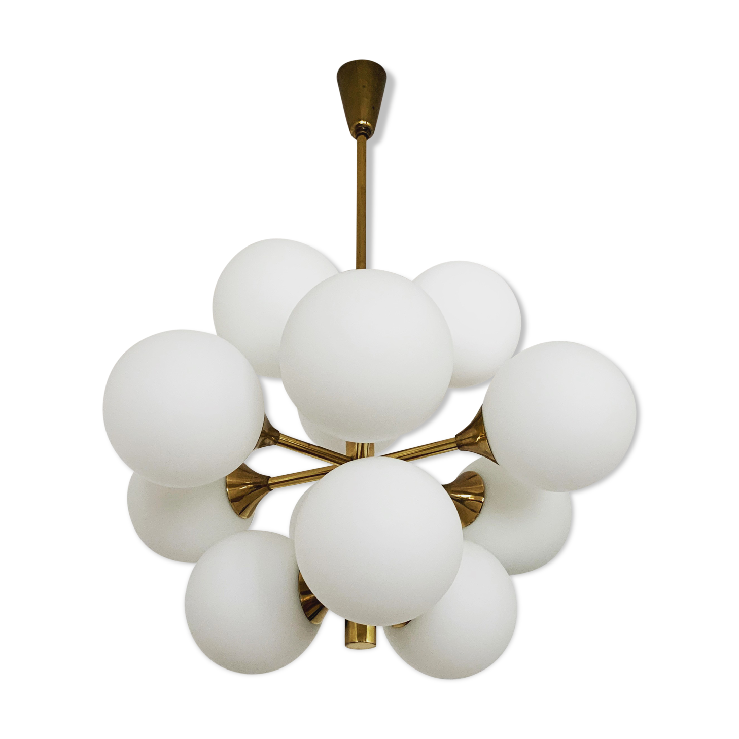 Mid-Century Modern brass and opaline glass Sputnik chandelier