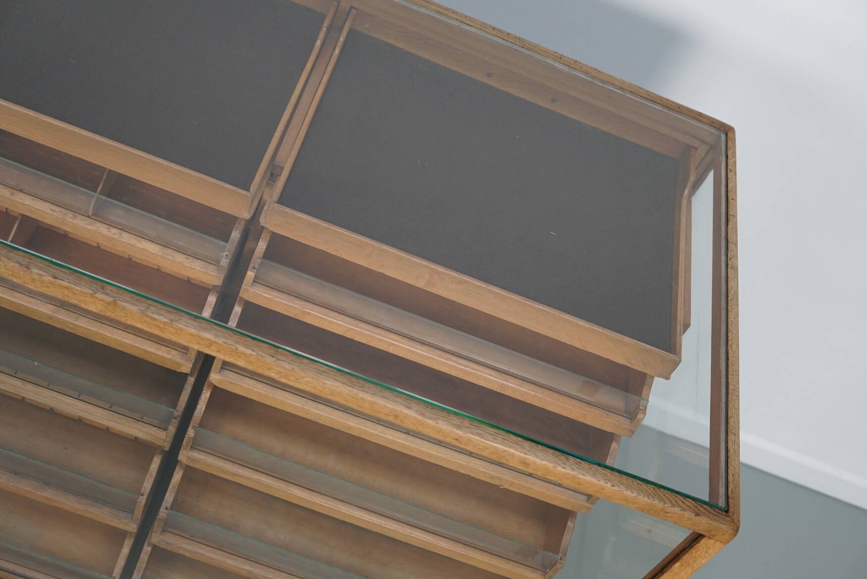 Vintage German Oak Glass Shop Counter Haberdashery Cabinet Vitrine, ca 1950