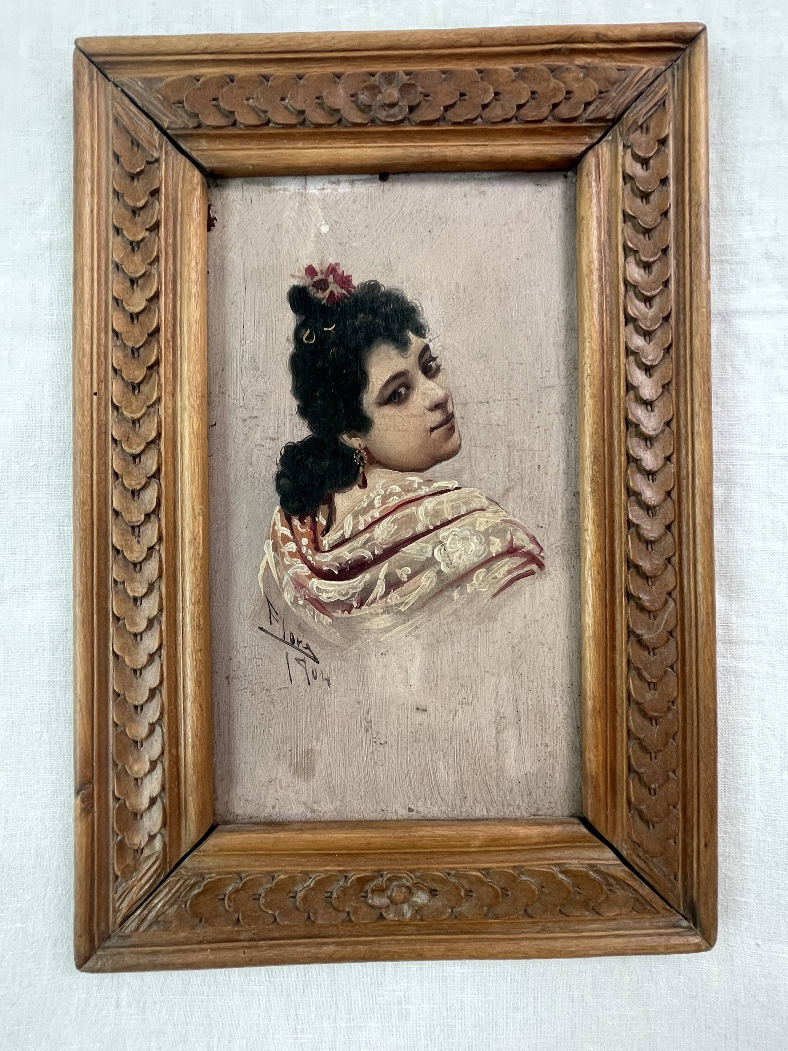 Old portrait signed "Flora" – Oil on wood dated 1904 – Carved frame